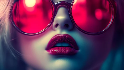 Chromatic close-up of neon-tinted lips and reflective eyewear.