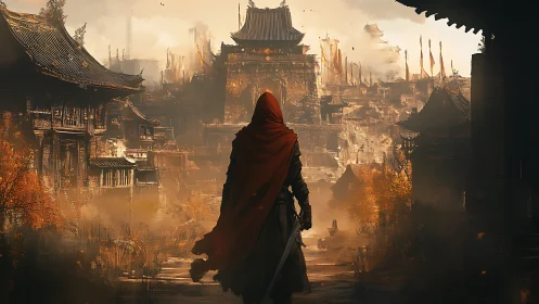 Hooded swordsman approaches weathered feudal city in hazy autumn light