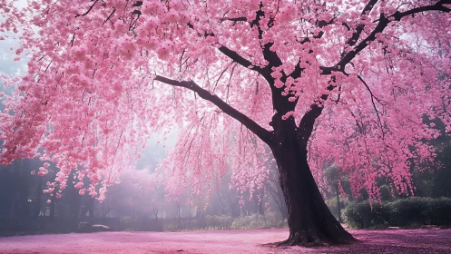 Cherry tree branches display dense pink blossom canopy in park