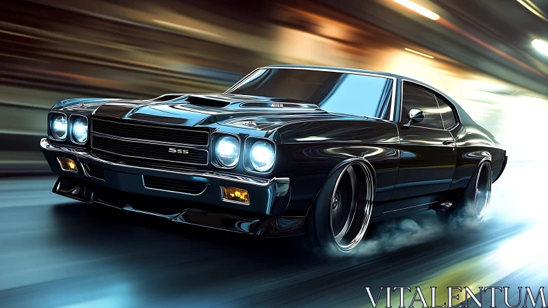 Black muscle car powers through neon tunnel at speed.