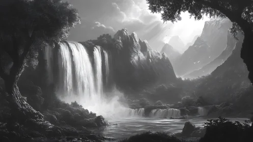 Monochrome alpine waterfall rendered in cinematic digital painting