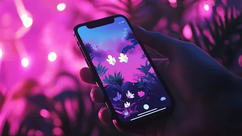 Neon mobile screen with dreamy purple forest artwork.