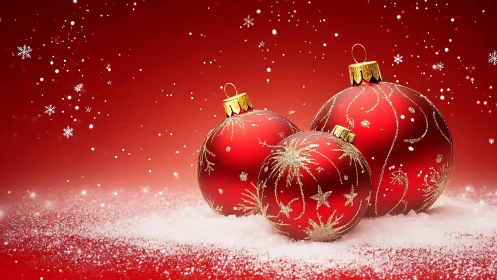 Scarlet baubles whisper winter wishes in shimmering gold