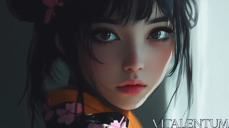 Soft morning light on a freckled girl in floral kimono.