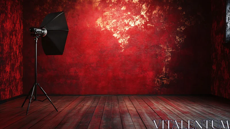Studio strobe light faces textured red wall in empty room