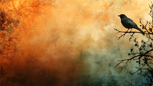 Solitary blackbird silhouettes against textured dusk sky.