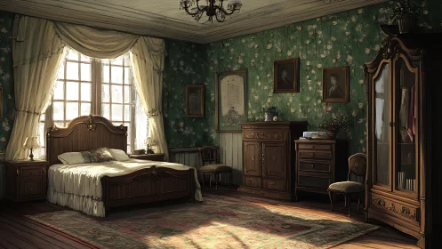 Victorian bedroom bathes carved wood in warm window light.