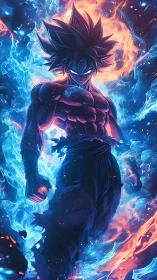Fiery anime warrior rising in swirling blue and orange light.