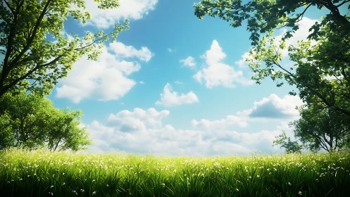 Sunlit meadow doorway opening into a bright blue sky.