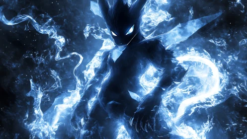 Shadowy blue creature emerges in swirling cosmic energy.