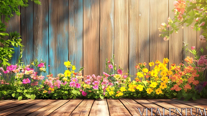 Sunlit cottage garden borders vibrantly against weathered fence