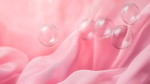 Transparent soap bubbles float above soft pink fabric