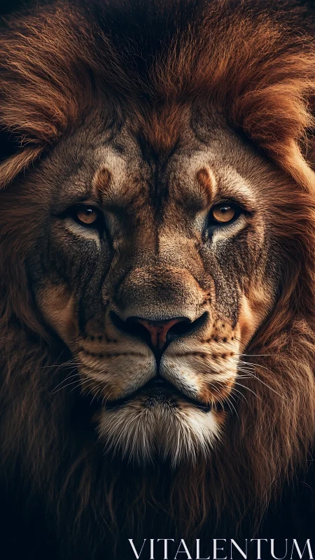 Symmetric frontal lion portrait with high-detail fur rendering.