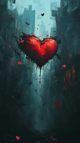 Luminescent Heart Form Amid Dystopian Urban Architecture.