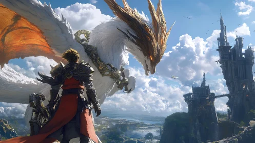 Armored knight and radiant wyvern before coastal sky citadel