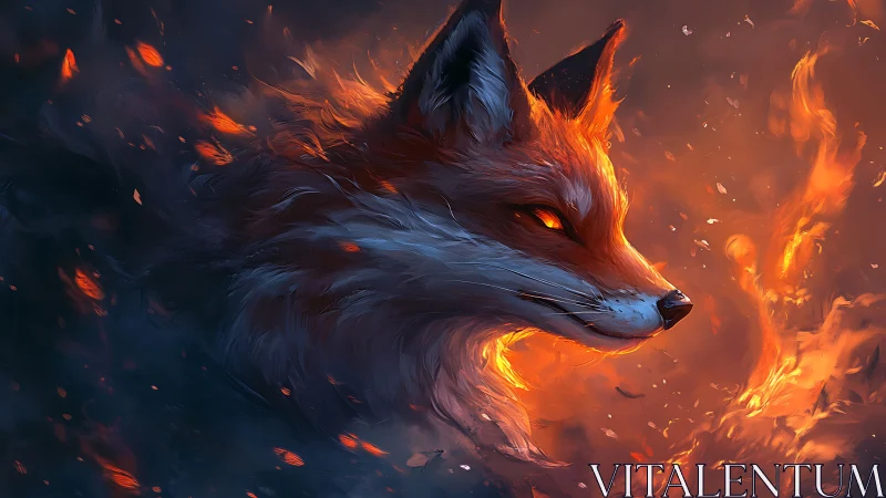 Infernal fox portrait wreathed in dynamic blazing embers.