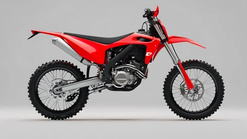 Red off-road motorcycle side profile on neutral studio background.