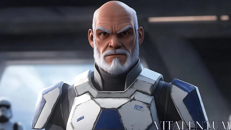 Aged armored officer rendered in high-fidelity stylized 3D lighting
