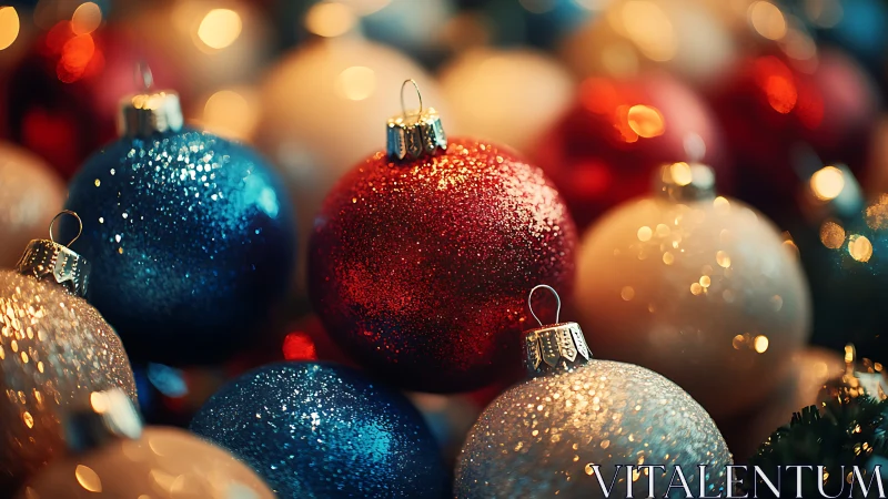 Glittering red, blue and white Christmas baubles close-up.