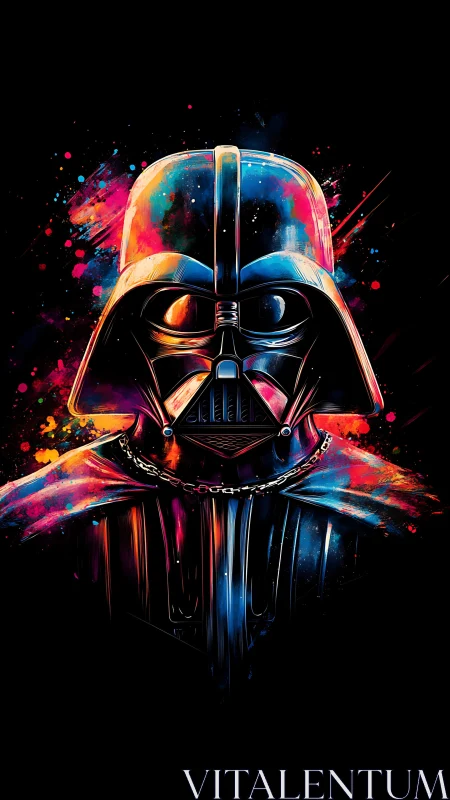 Neon-lit dark warrior helmet amid explosive color fields.