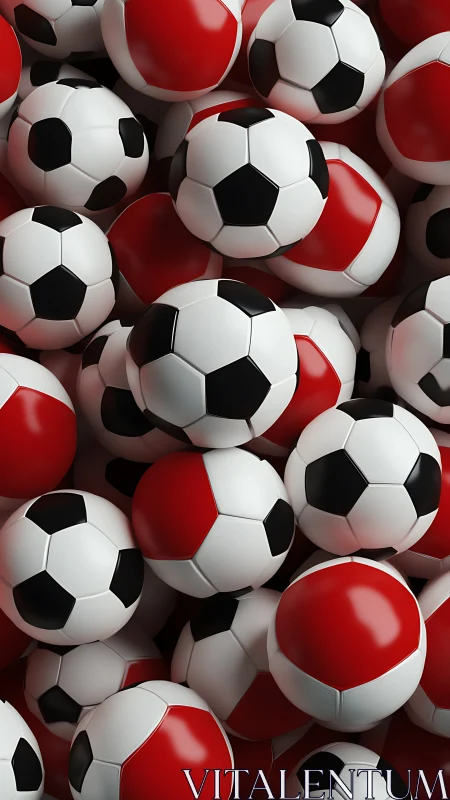 Pile of black white and red soccer balls in tight cluster.