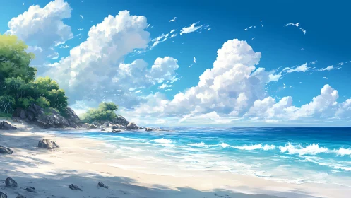 Bright sandy beach with turquoise sea and towering clouds.