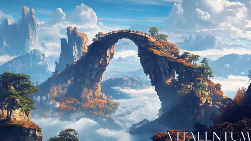 Sky-bridge of crimson cliffs above a dreaming cloud sea.