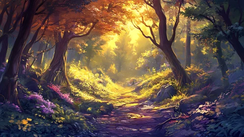 Illuminated forest pathway with golden light through tree canopy