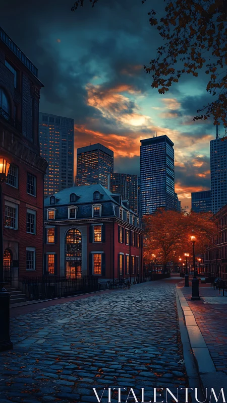 Golden city twilight welcomes a quiet cobblestone street