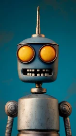 Bright-eyed retro robot smiles with quirky metallic charm