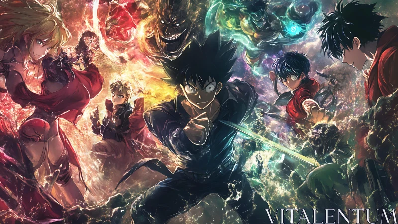 Dynamic anime battle ensemble with elemental energy swirls