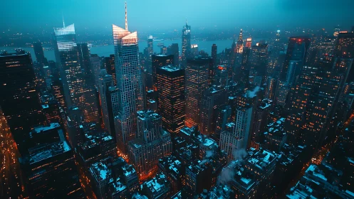 Midwinter city skyline glows warmly against the misty night