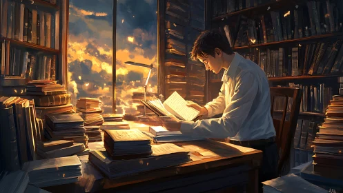 Solitary scholar reading by glowing sunset window in library.