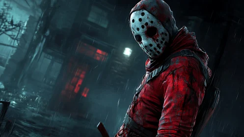 Masked slasher in red jacket stalks rain‑soaked alleyway.
