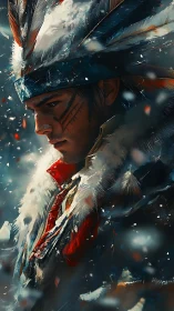 Winter-feathered warrior in drifting embers of memory.