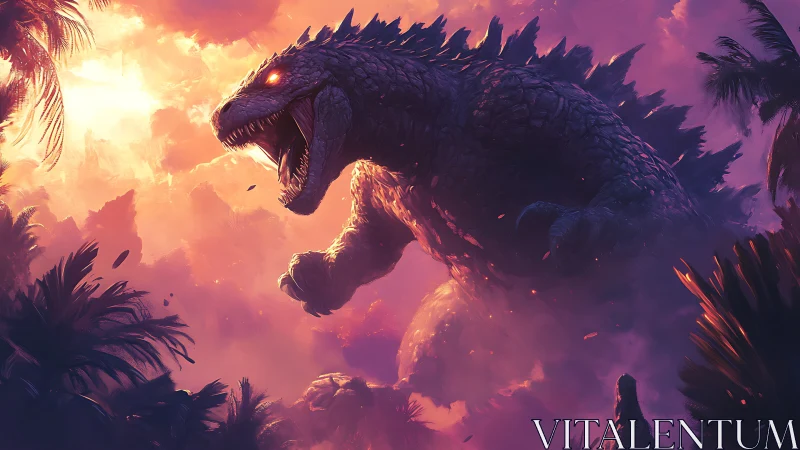 Colossal kaiju rampages through neon sunset jungle sky.
