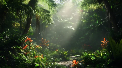 Jungle's Fiery Hearts Glow Through Misty Emerald Cathedral
