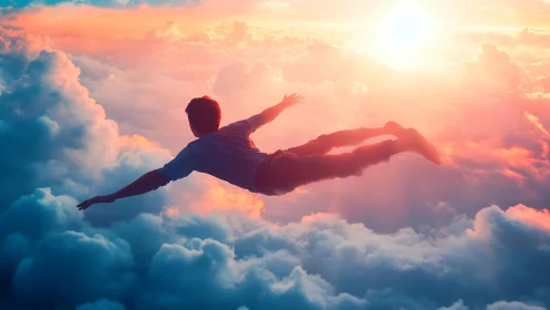 Figure in horizontal pose appears suspended above dense clouds