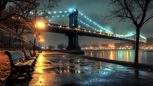 Suspension bridge over river at night with wet promenade.
