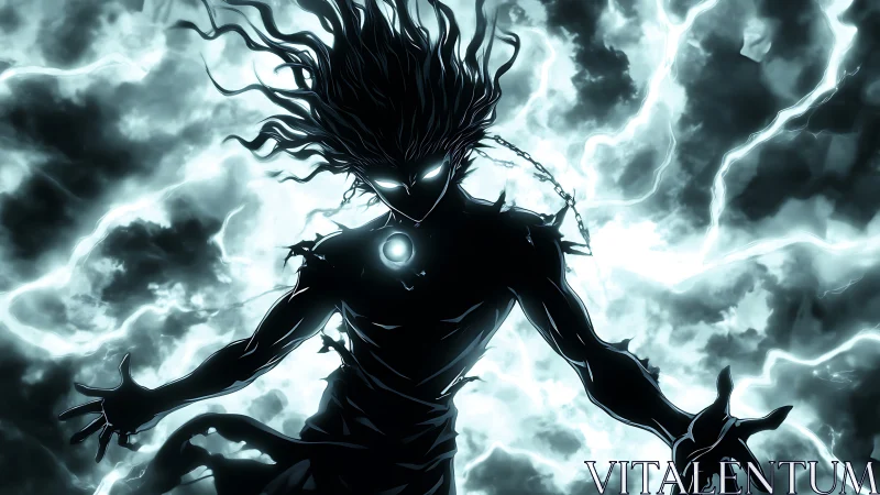 Storm-charged shadow figure rises with glowing electric power