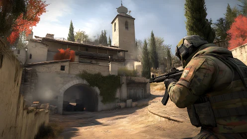 Tactical shooter soldier advancing through sunlit village street.