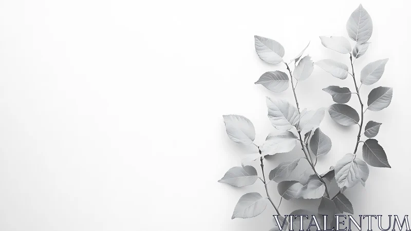 Monochrome leaf branches on white minimal background.
