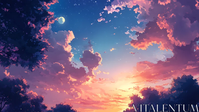 Twilight sky over silhouetted trees with glowing clouds.