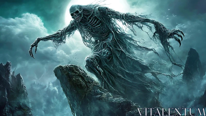 Moonlit skeletal giant wandering through stormy cliffs.