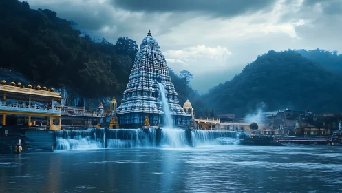 Mystic riverside temple with cascading waterfalls at dusk.