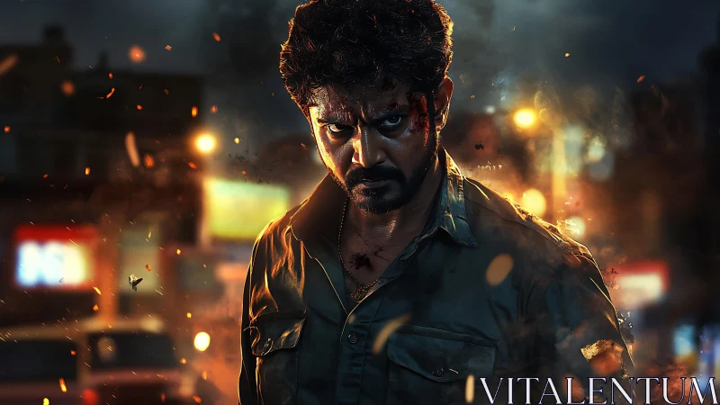 Battle-hardened vigilante glows in embers and neon storm.