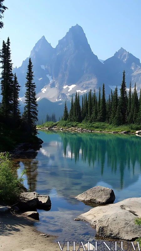 Alpine lake mirrors jagged mountain peaks in clear morning light
