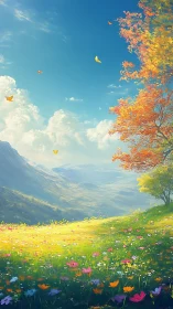 Sunlit alpine meadow transitions into luminous autumn foliage