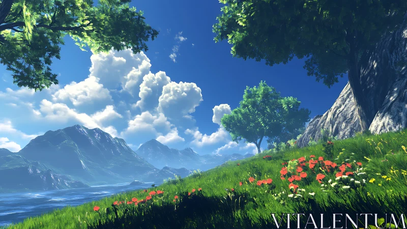 Sunlit wildflowers lean toward a cloud-draped mountain sea