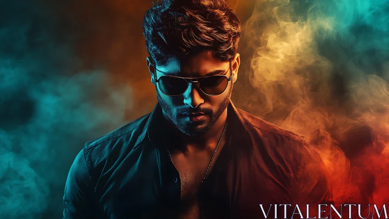 Moody male portrait with bicolor cinematic smoke and hard rim lighting